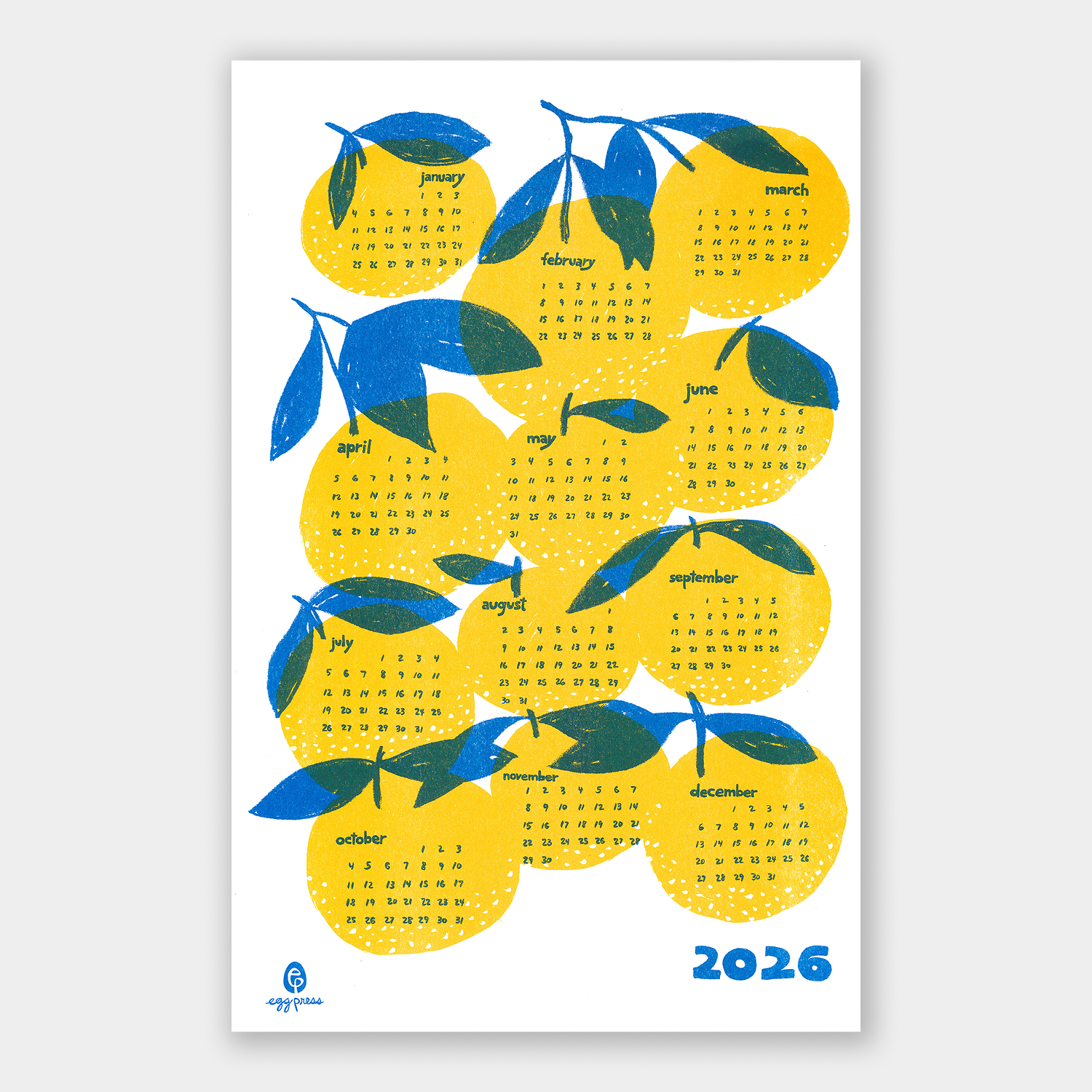 Oranges 2026 Calendar Illustrated Risograph Print – Thistle & Poppy