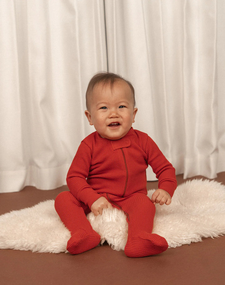 Kids Waffle Footie Sleeper - Paprika