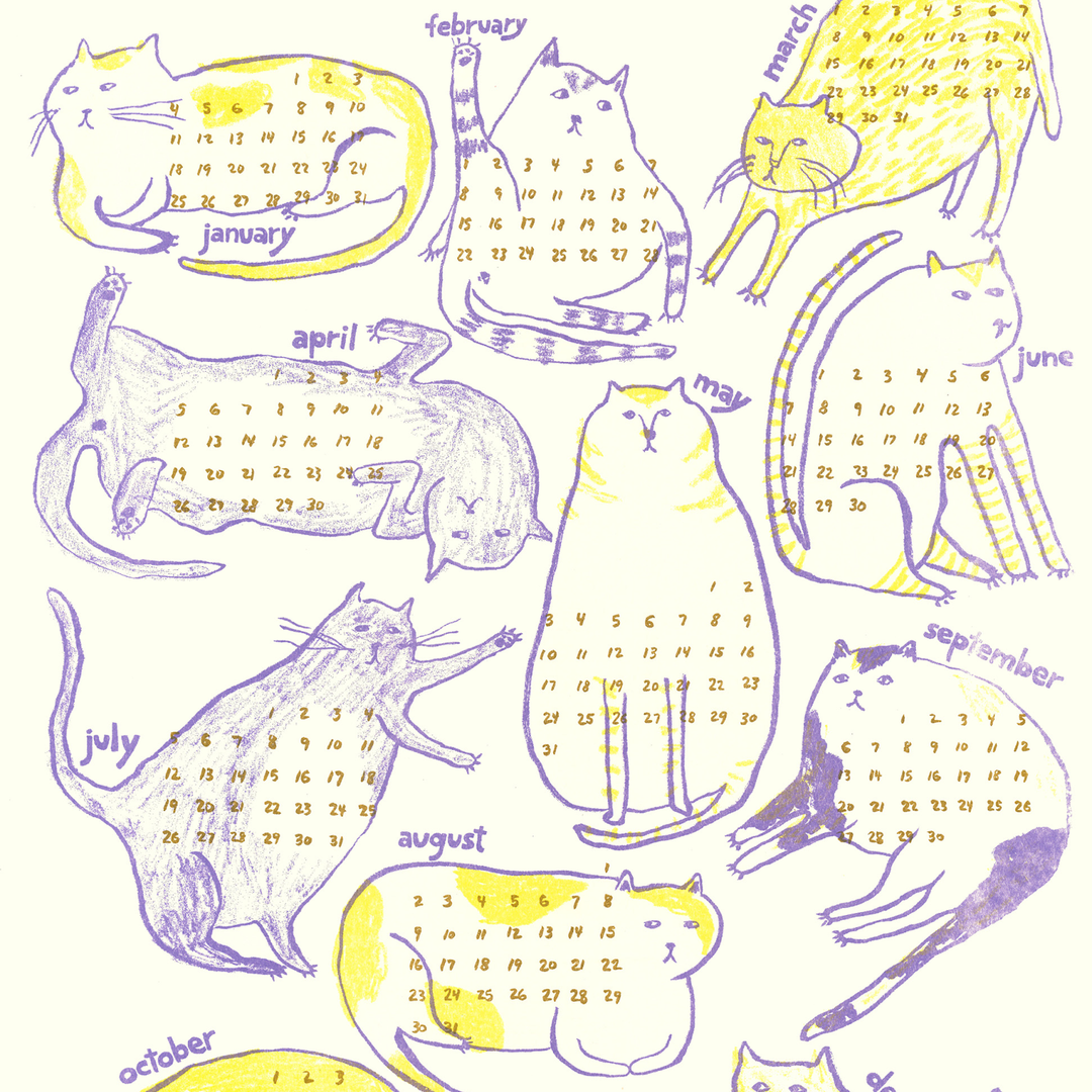 Cats 2026 Calendar Illustrated Risograph Print
