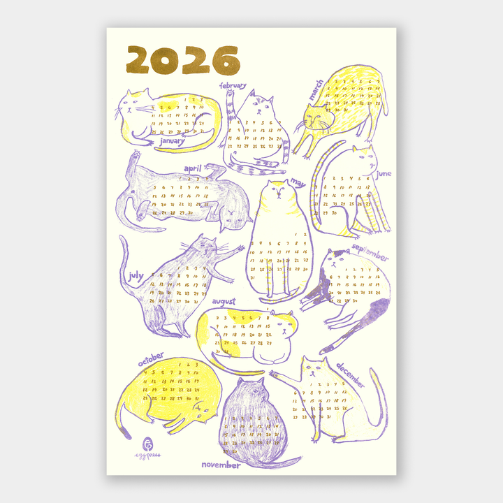 Cats 2026 Calendar Illustrated Risograph Print