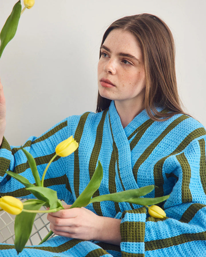 Stripe Waffle Bathrobe - Cool