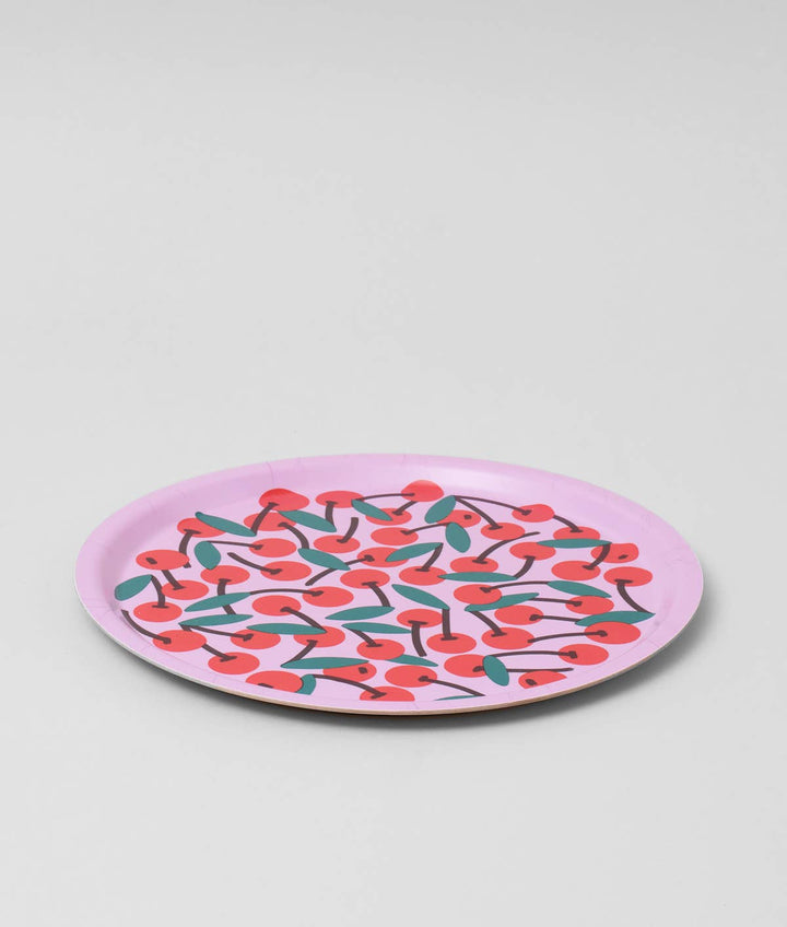 Cherries Pink Mini Round 12" Birch Serving Tray