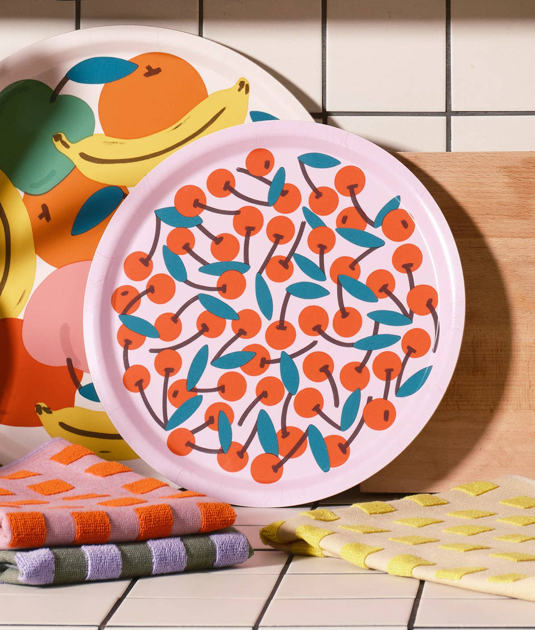 Cherries Pink Mini Round 12" Birch Serving Tray