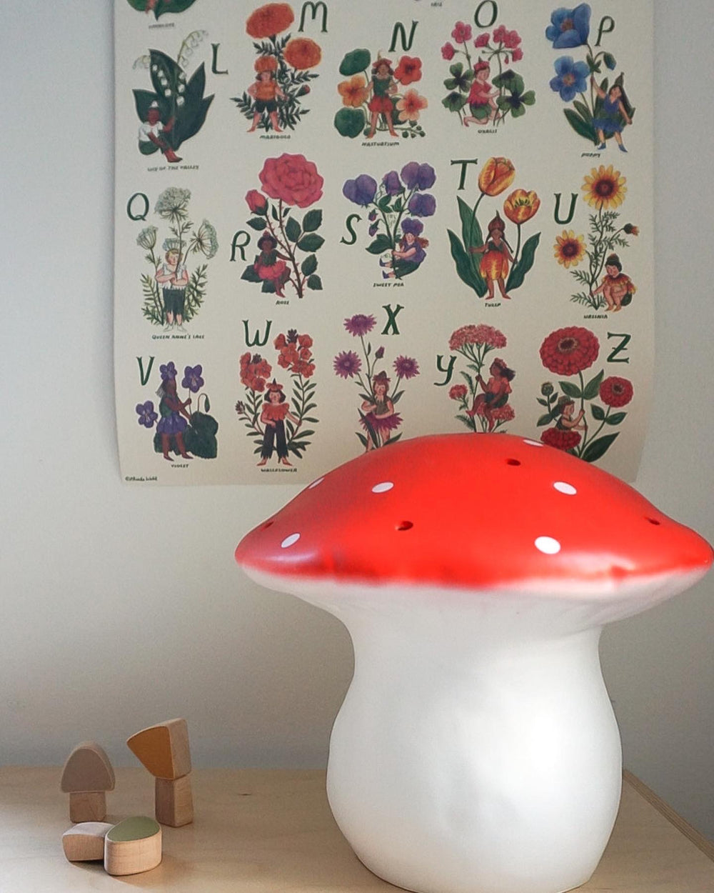 Egmont Heico Large Mushroom lamp decor nighlight with Phoebe Wahl ABC fairy print and Wandering Workshop Magnetic Mushroom set