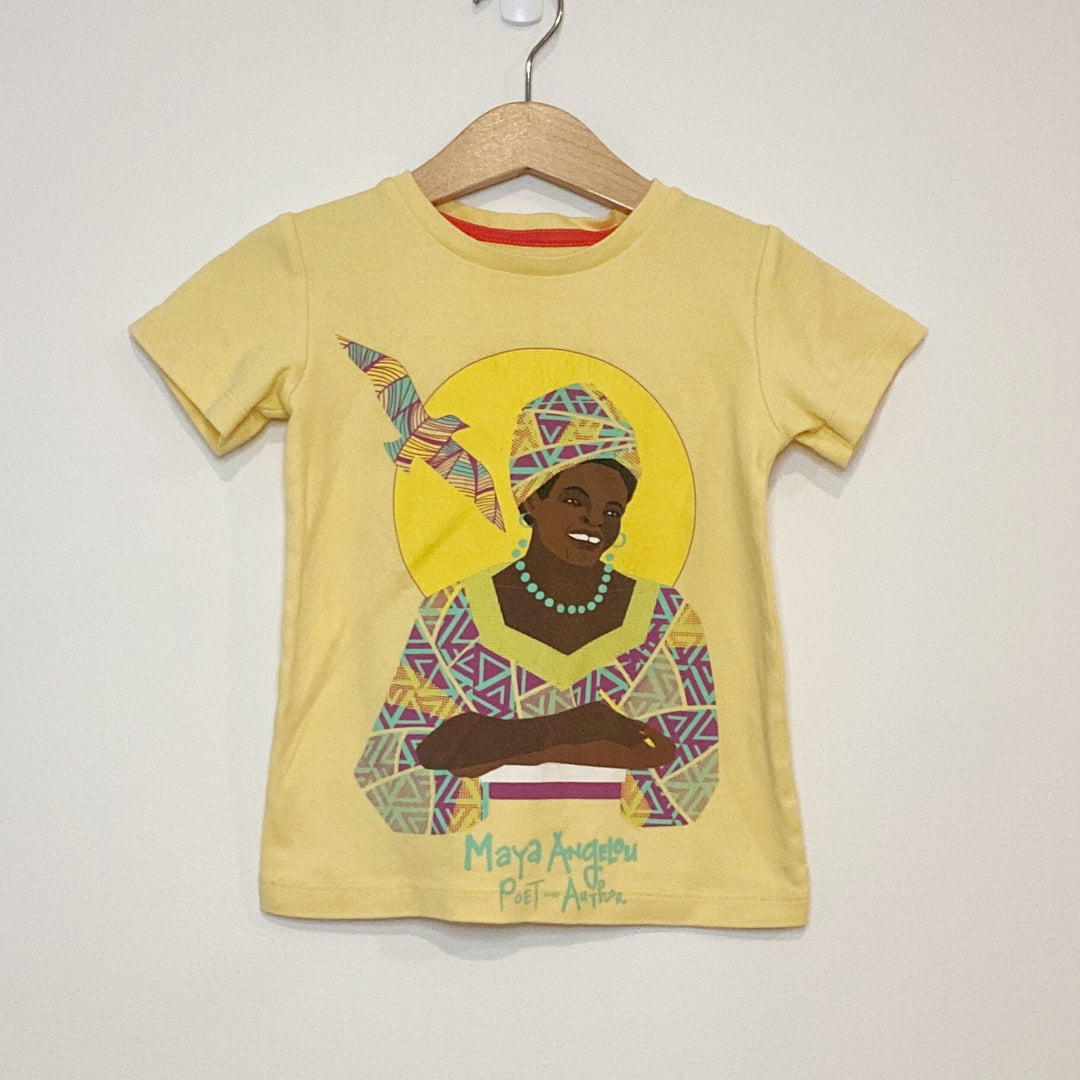 Yellow tee from Piccolina with Maya Angelou print on front.